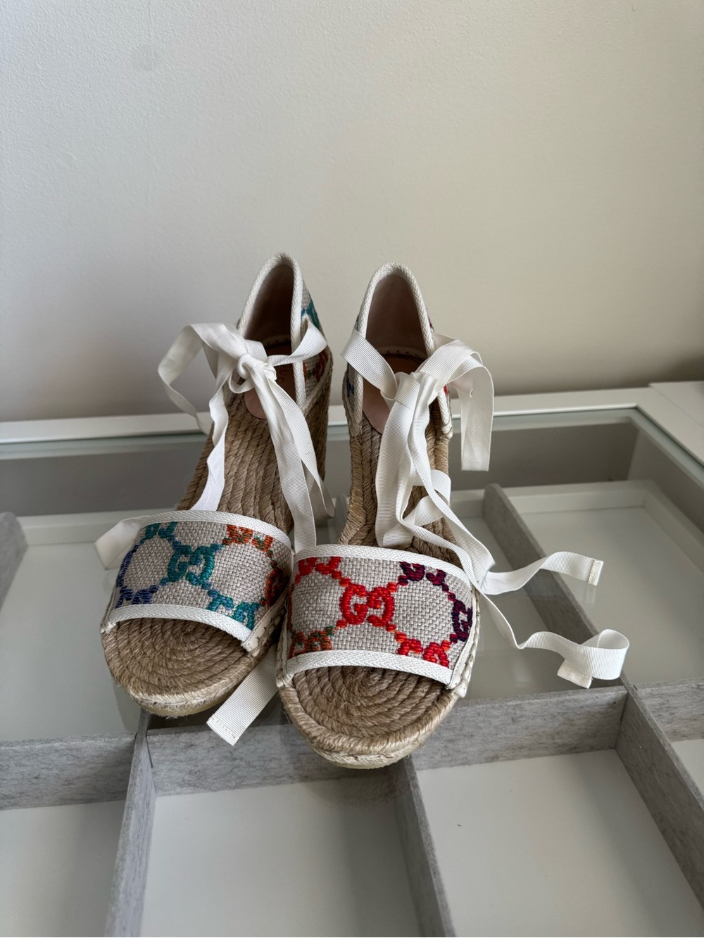 Gucci White Espadrille Wedges with Multicolor GG Pattern
